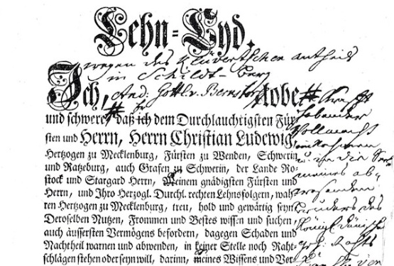 Lehn-Eid-Formular aus dem Jahr 1753 (Ausschnitt). Druck: vermutl. Bärensprung, Schwerin.