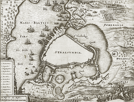Zeitgenössische Karte der Belagerung Stralsunds im Dreißigjährigen Krieg 1628